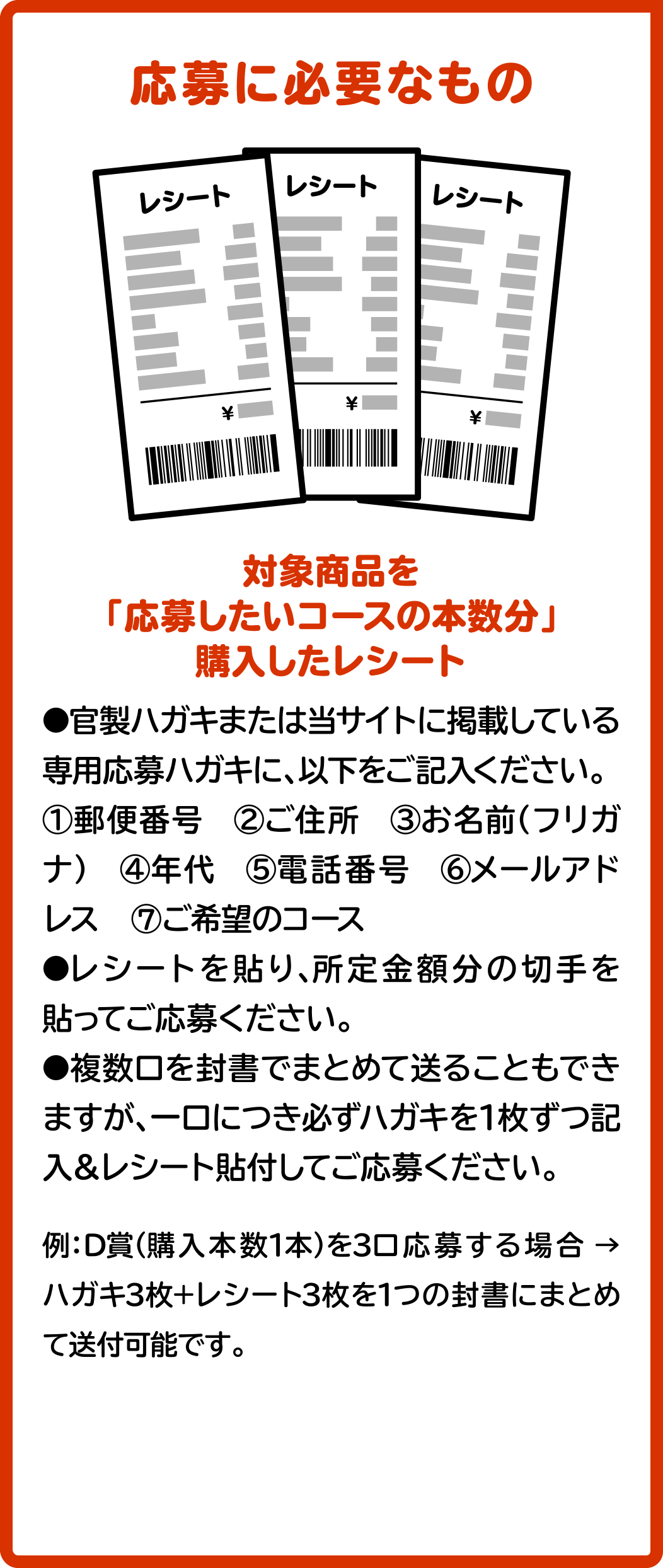 応募に必要なもの
対象商品を「応募したいコースの本数分」購入したレシート